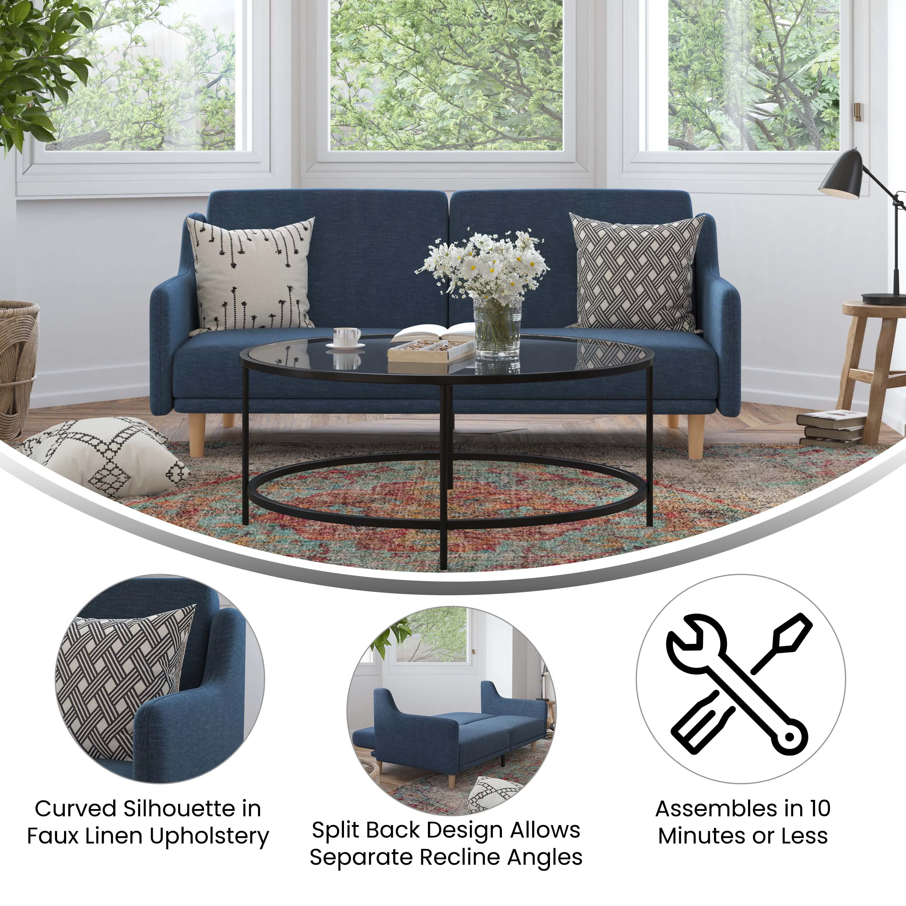 Emma + Oliver Plush Padded Faux Linen Upholstered Split Back Sofa Futon with Smooth Curved Removable Arms and Wooden Legs in Navy