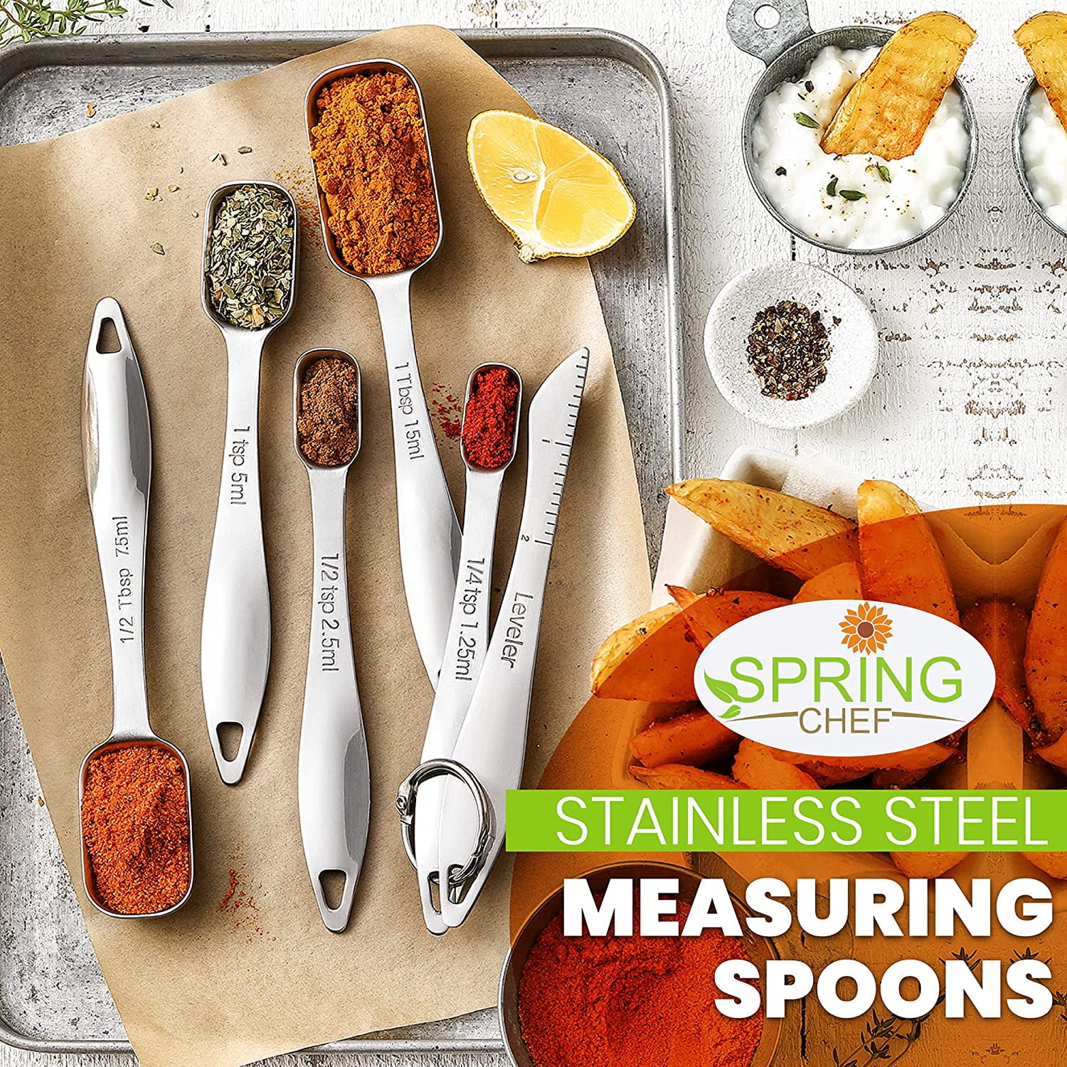 Heavy Duty Stainless Steel Metal Measuring Spoons for Dry or Liquid, Fits in Spice Jar, Set of 6 Including Leveler, 2 Pack