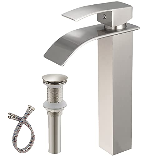 BWE Vessel Sink Faucet Modern Waterfall Chrome Single Hole Bathroom Faucet Single Handle with Pop up Drain Without Overflow Assembly Vanity Basin Bath Sink Faucets Mixer Tap