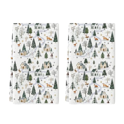 Artoid Mode Fox Snowman Xmas Tree Christmas Kitchen Towels Dish Towels, 18x26 Inch Farmhouse Snowflake Winter Decoration Cleaning Set of 2