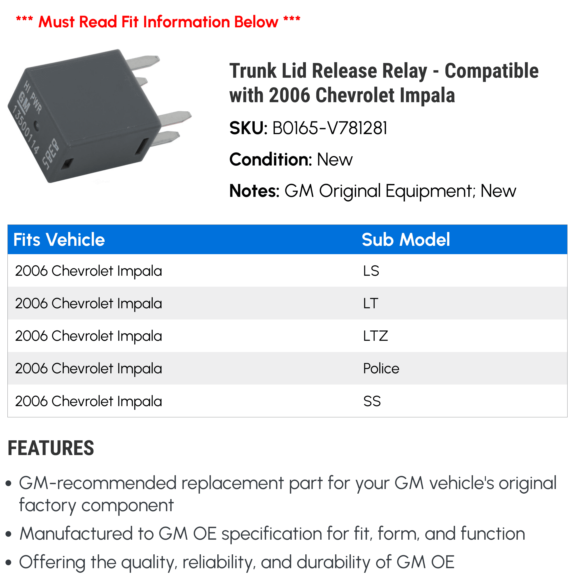 Trunk Lid Release Relay - Compatible with 2006 Chevy Impala