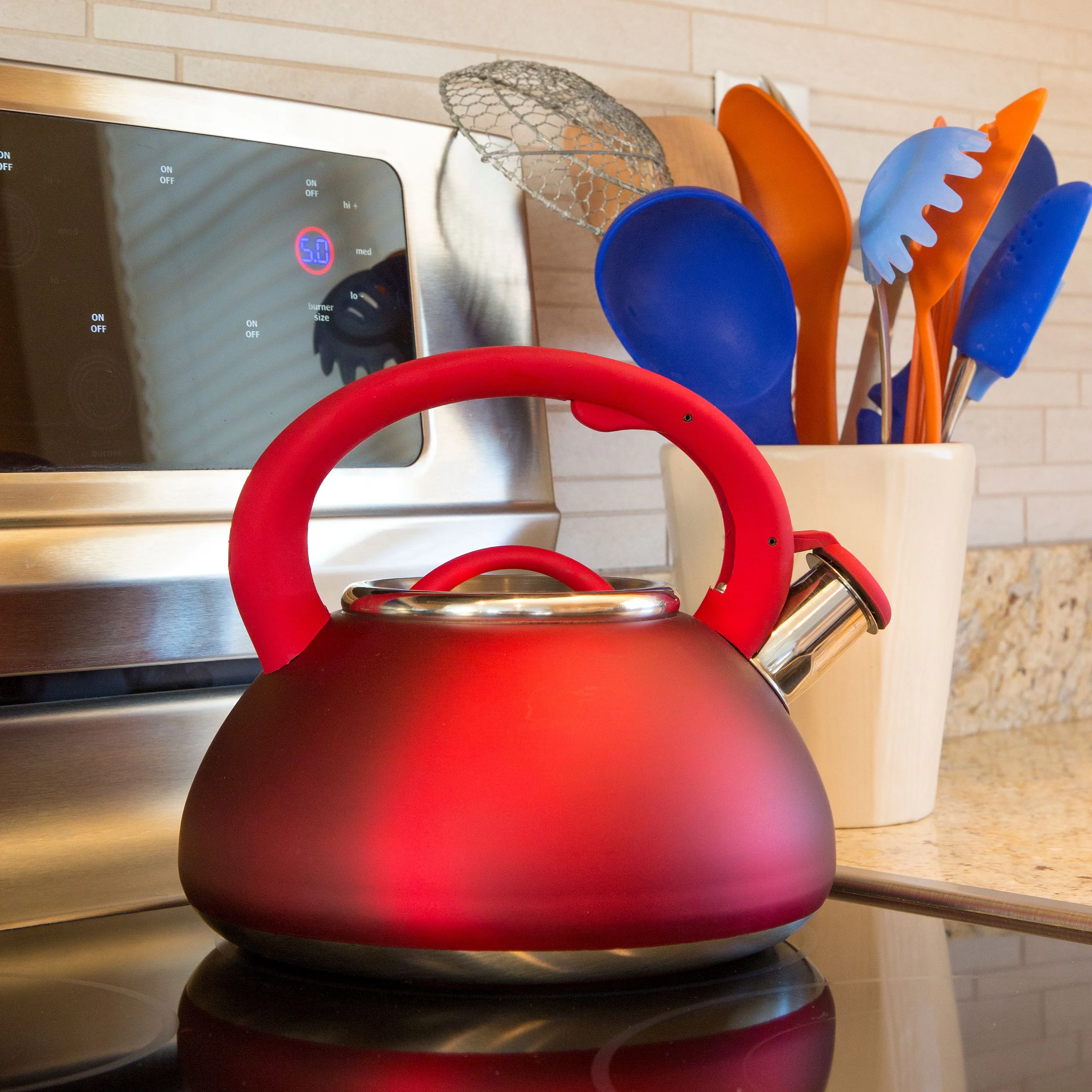 Primula Avalon Stainless Steel Whistling Kettle, 2.5 Quarts, Matte Red