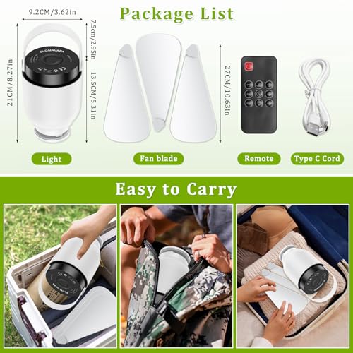 2 in 1 Camping Fan with LED Lantern, Rechargeable Camping Lights with Remote Control, Portable Outdoor Umbrella Ceiling Fan with Dimmable Light Hanging Outside for Patios, Tent, RVs, Gazebo