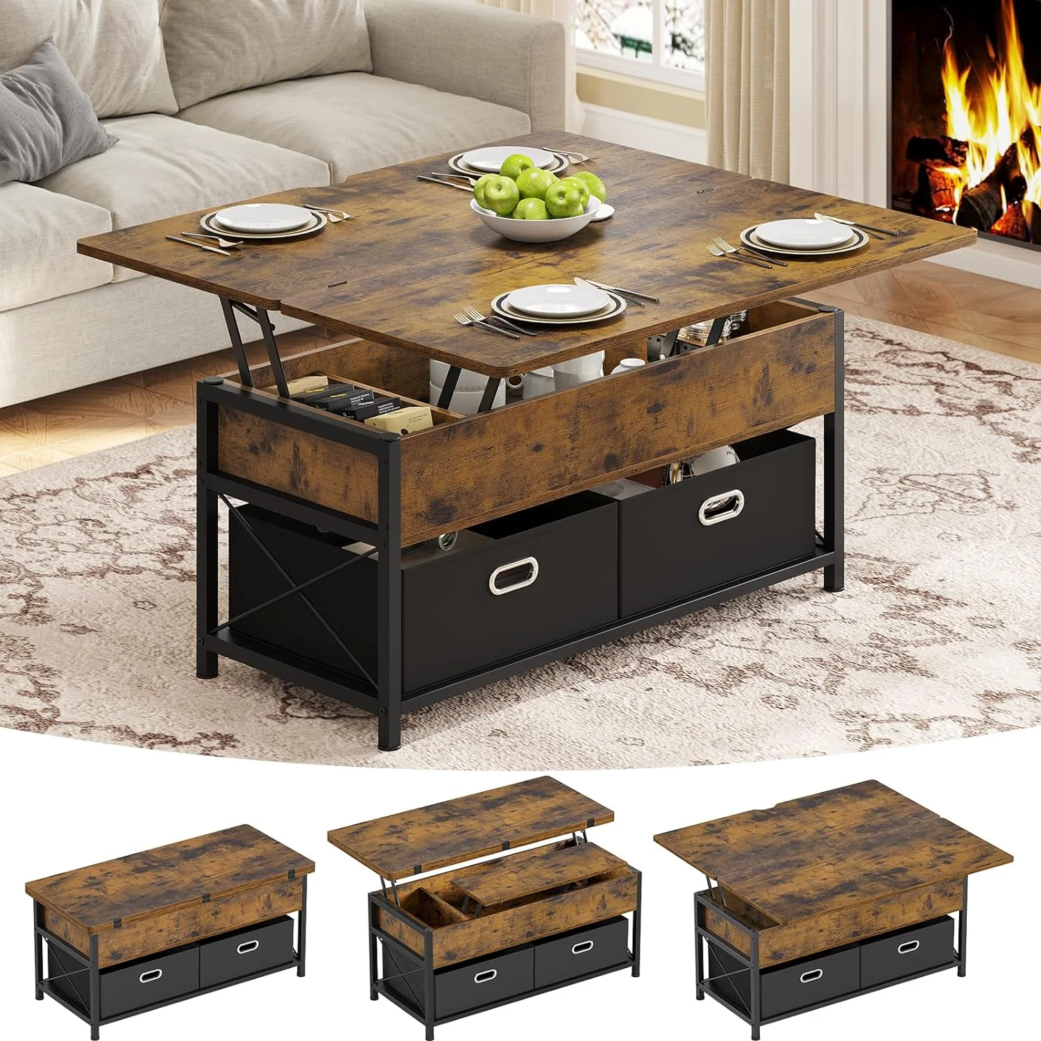 Lift Top Coffee Table with Storage, 4 in 1 Square Center Table with 2 Drawers and Hidden Compartment, Modern Dining Table for Living Room,Brown