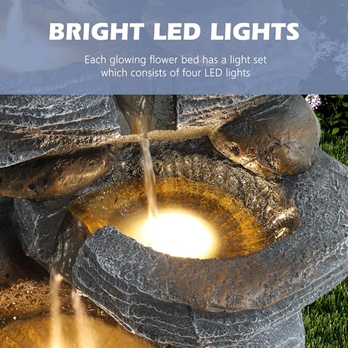 Grepatio Outdoor 5-Tiers Cascading Rock Water Fountain, Waterfall Fountain with 4 LED Lights, Outdoor Fountains and Waterfalls for Garden or Patio, Yard, and Deck Decor with Natural Stone Look