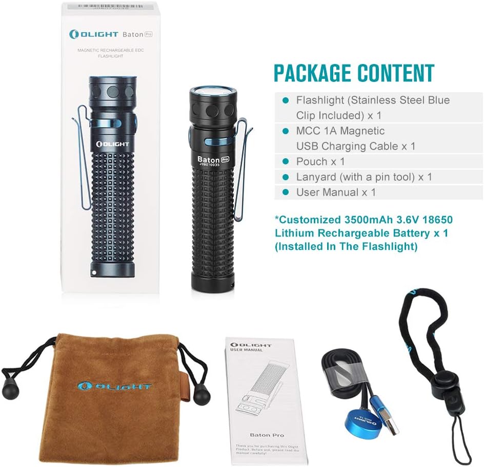 OLIGHT BatonPro 2000 Lumens Compact Rechargeable Side-Switch LED Flashlight with Single 3500mAh 18650 Customized Battery, Magnetic Charger Cable