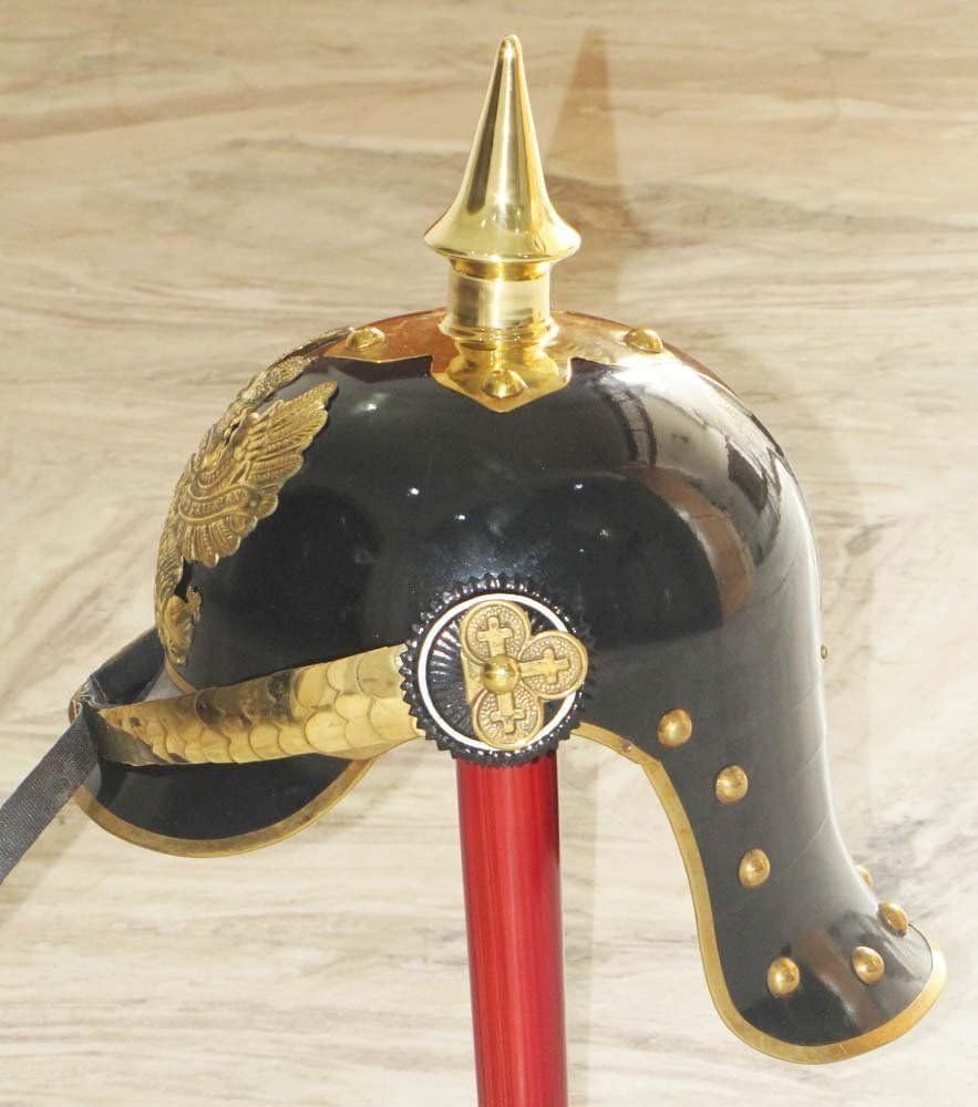 German Helmet Brass Accents Prussian PICKELHUBE Imperial Officer Spike Helmet Finish Black Painted Size Inner Circumference 67 CM