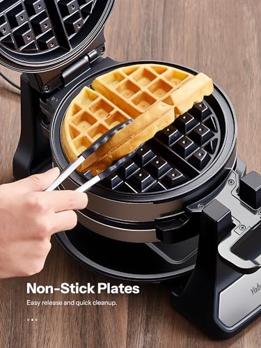 Belgian Waffle Maker, Classic Rotating Waffle Iron with Nonstick Plates, Removable Drip Tray and Cool Touch Handles, Double Flip Waffle, Rotating Belgium Waflera Maker by Yabano, Brushed Stainless