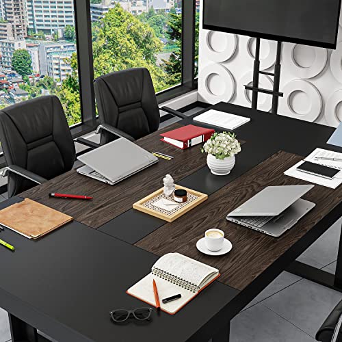 FAMAPY 7.2FT Conference Table Podcast Table, Black Metal Frame, Rectangular Office Table Meeting Table Podcast Table, Black and Deep Walnut (86.8”W x 47.2”D x 29.4”H)