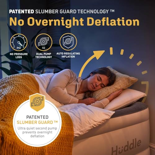 Huddle Luxury Air Bed with Patented Dual Pump SlumberGuard™ Premium Technology | Self-Inflation and Anti-Deflate Airbed Tech | Comfort Inflatable Air Mattress | Twin Size