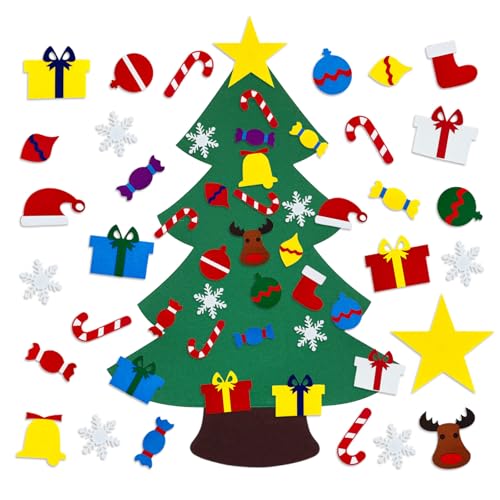 3.2 Ft Felt Christmas Tree with 25 Ornaments, DIY Felt Christmas Tree Set for Toddlers Kids Montessori, Hanging Ornaments DIY Tree Set Xmas New Year Wall Decorations-E