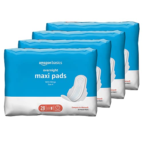 Amazon Basics Thick Maxi Pads with Flexi-Wings for Periods, Overnight Absorbency, Unscented, Size 4, 28 Count, 1 Pack (Previously Solimo)