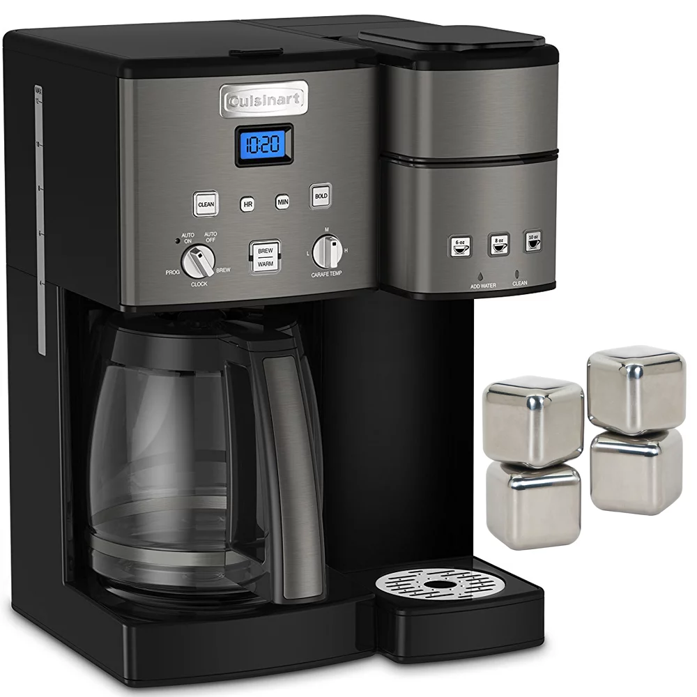 Cuisinart SS-15BKSP1 12 Cup Coffeemaker and Single Serve Brewer Bundle with Deco Essentials Stainless Steel Ice Cubes with Storage Case Reusable 4 Pack