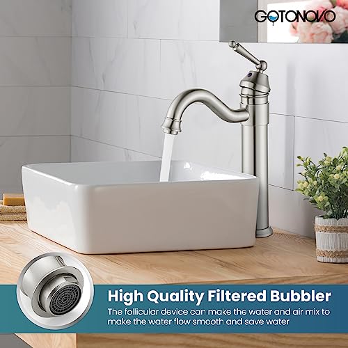 gotonovo Bathroom Vessel Sink Faucet Single Handle Brass Long Reach Bathroom Faucet 1 Hole Deck Mounted Mixer Tap with Pop Up Drain Brushed Nickel