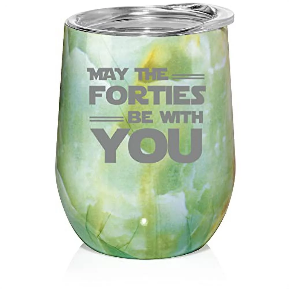 12 oz Double Wall Vacuum Insulated Stainless Steel Stemless Wine Tumbler Glass Coffee Travel Mug With Lid May The Forties Be With You 40th Birthday Gift Funny 40 Year Old (Turquoise Green Marble)