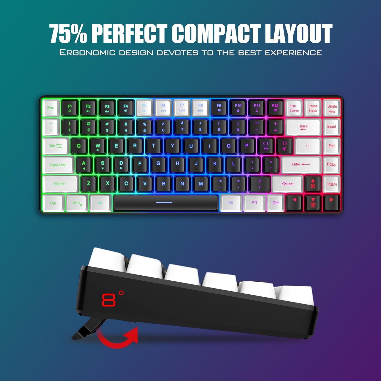 RedThunder K84 Wireless Keyboard and Mouse Combo, Rainbow Backlit Rechargeable Battery, 75% Layout TKL Ultra Compact Gaming Keyboard & Lightweight 3200 DPI Honeycomb Optical Mouse (Black-White)