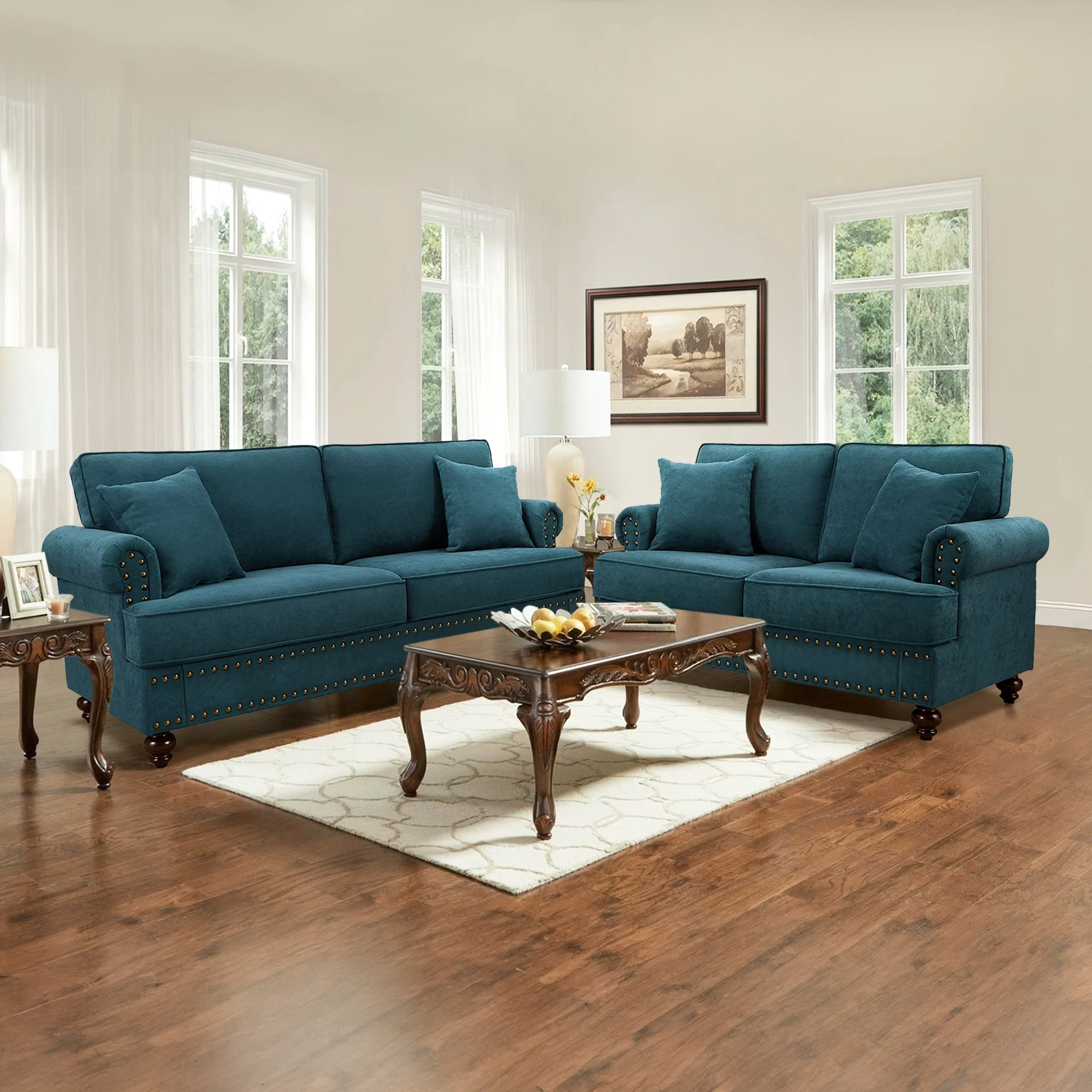 Muumblus 2 Pieces Chenille Living Room Sets with Nailhead, 2 Seater Loveseat Sofa and 3 Seater Sofa Couch, Lake Green