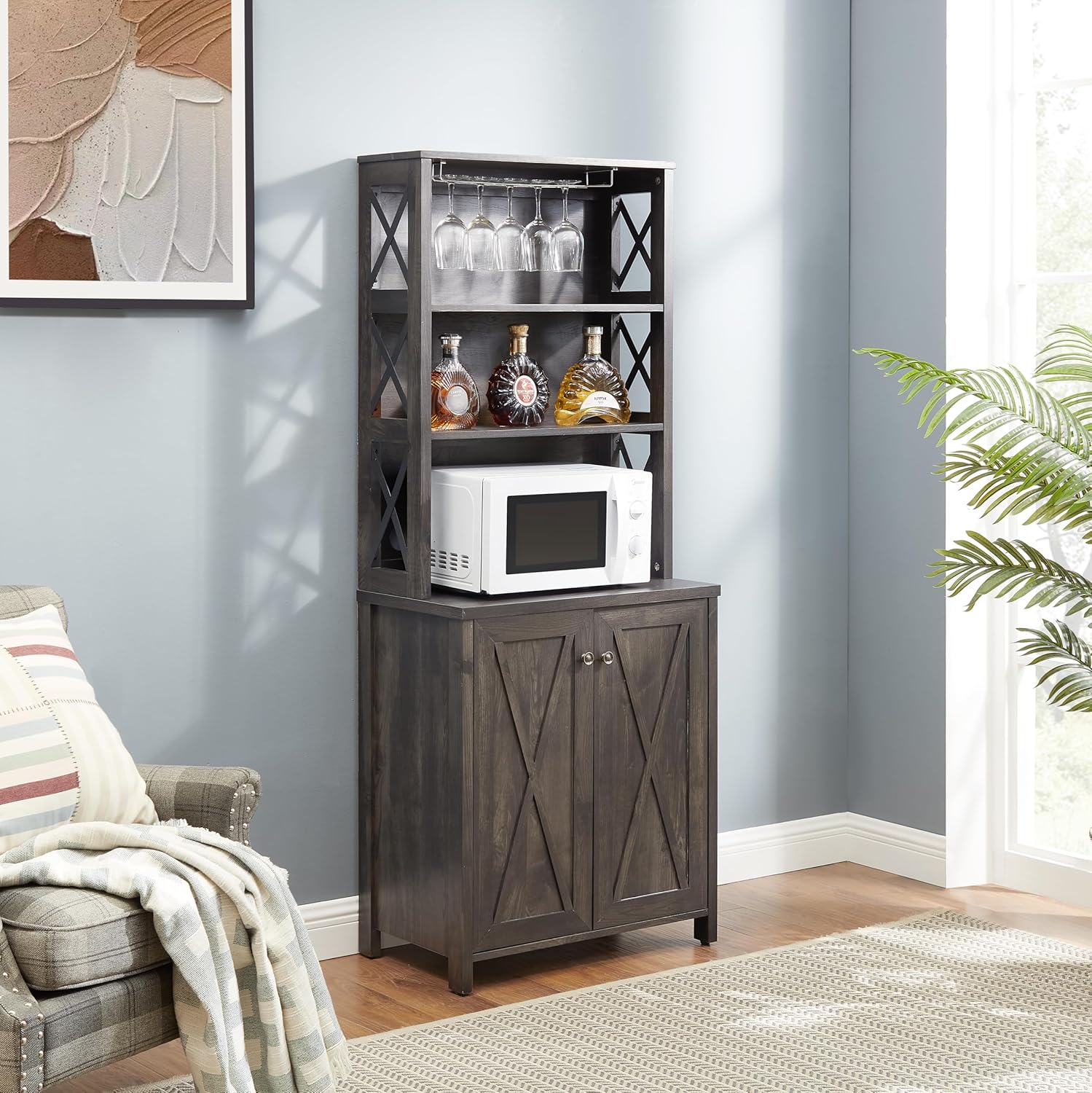 CHARMMA Coffee Bar Cabinet Kitchen Cabinet with Microwave Stand Metal Frame Side Home Source Bar Cabinet Cabinet and Hollow out Barn Design Wood Cabinet L26.77''*W15.75''*H67.32'' Charcoal Gray