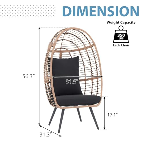 JOIVI Wicker Egg Chair, Oversized Indoor Outdoor Lounger Large Egg Basket Chair with Stand and Cushions for Patio Porch, Backyard, Living Room, Balcony (Beige Rattan, Creamy White Cushion)