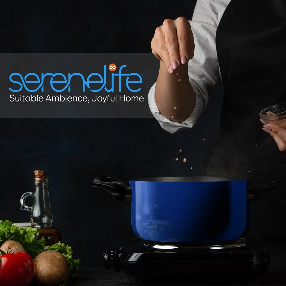 SereneLife 15 Piece Pots and Pans Non Stick Kitchenware Cookware Set, Blue