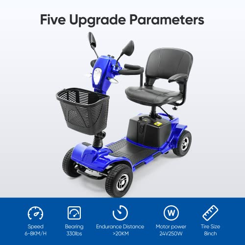 4 Wheel Mobility Scooters with Lights & Rearview Mirror, Power Electric Mobility Scooters for Adult Seniors, 264 lb Capacity Electric Scooter with Basket for Travel, Long Range Battery, Blue