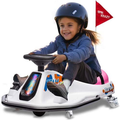 24V Electric Drifting Go Kart for Adults and Kids Ride on Electric Vehicles Car Age 3+ 80kg Load Capacity Crazy Drifting Carts in Situ Rotate 360°Gokart Metal Anti-Collision Frame(White Pink)