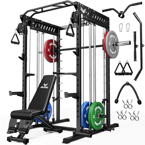 M21 Smith Machine, Multi-Function Power Cage with Dual Pulley Cable Crossover System, 2000LBS All-in-One Squat Rack with Smith Bar and Attachments