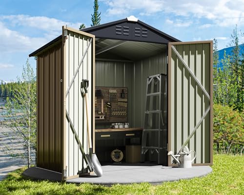 Greesum Outdoor Storage Shed 6 x 8 ft. Utility Tool Shed Metal Storage Garden Shed with Door & Lock for Patio Storage, Brown