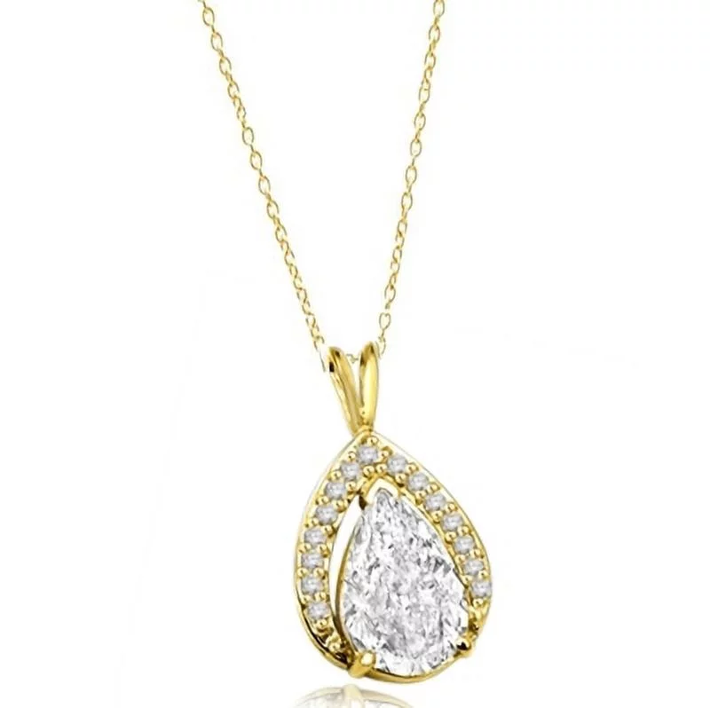 Prong Set Pendant with Lab-made Pear Cut Center and Melee Diamonds by Diamond Essence set in 14K Solid Yellow Gold