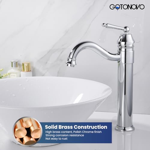 gotonovo Bathroom Vessel Sink Faucet Single Handle Brass Long Reach Bathroom Faucet 1 Hole Deck Mounted Mixer Tap with Pop Up Drain Brushed Nickel