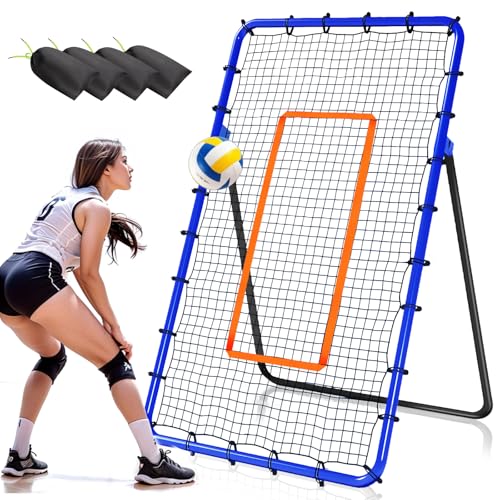 Volleyball Rebounder Net, 5 Angles Adjustable Volleyball Training Equipment Bounce Back Net with Sturdy Sandbags & Metal Stakes, Also for Lacrosse, Baseball, Soccer Practicing - 7x4 Ft