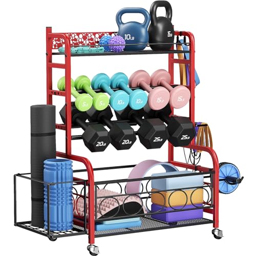 Dumbbell Rack, VOPEAK Weight Rack for Home Gym, Home Gym Storage Rack for Yoga Mat Kettlebells and Strength Training Equipment, Weight Storage Rack for Dumbbells with Wheels
