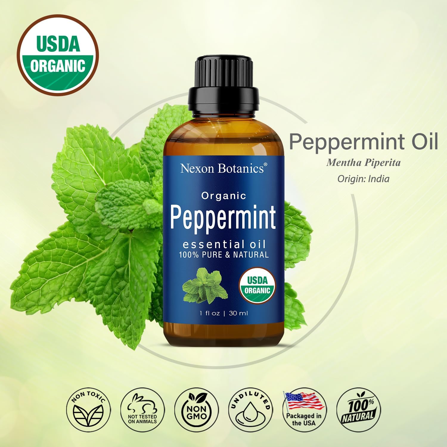 Organic Peppermint Essential Oil 30 ml - 100% Pure Peppermint Oil for Diffuser -Natural, Undiluted Menthol Oil for Hair Care - Mint Oil for Skin Care - Pure Essential Oils Peppermint - Nexon Botanics