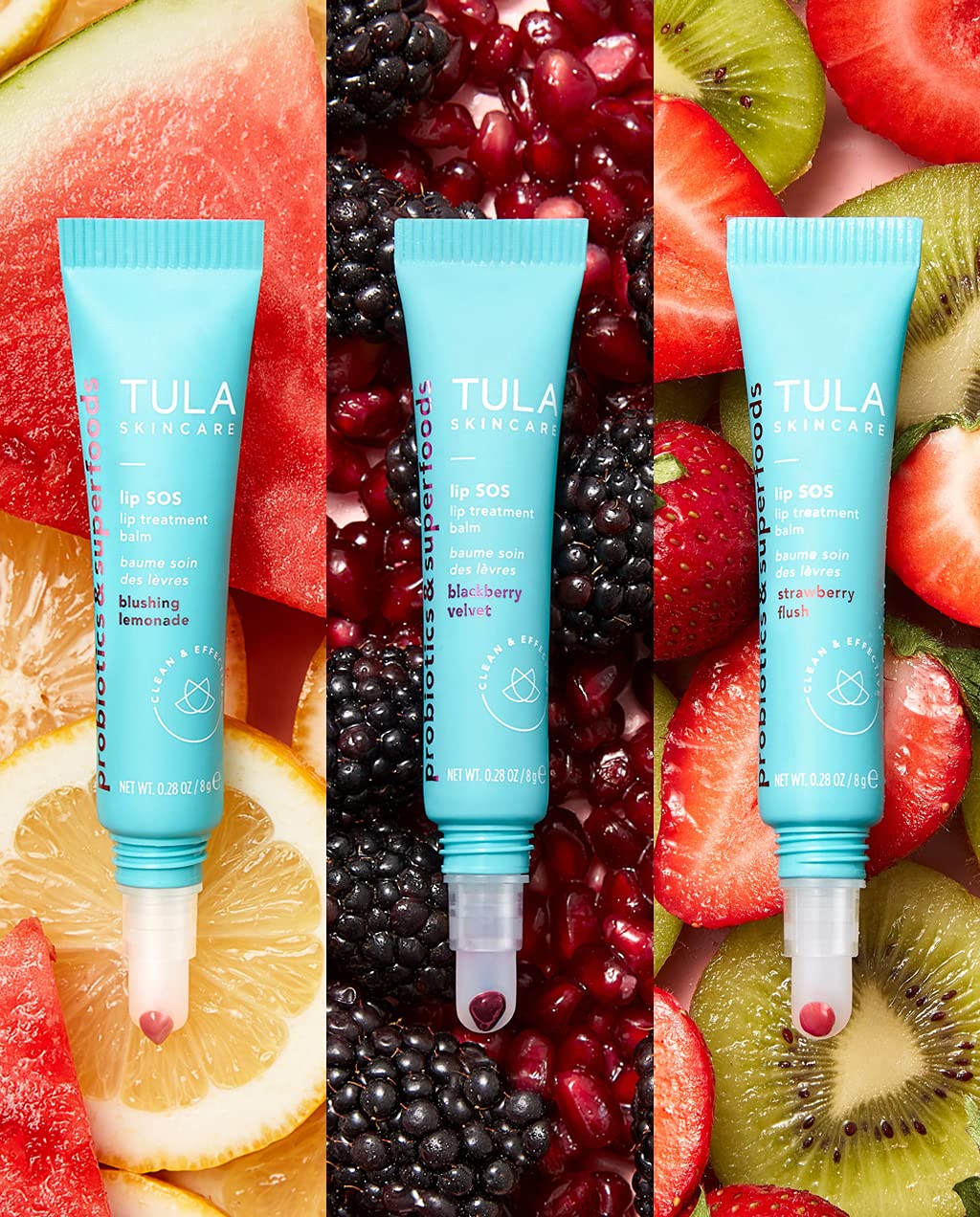 TULA Skin Care Lip SOS - Lip Treatment Balm that Plumps, Smooths & Hydrates lips with a Glossy Tint, Nude Pink, Rose Pink, Sunset Berry, 3 count - 0.28 oz.