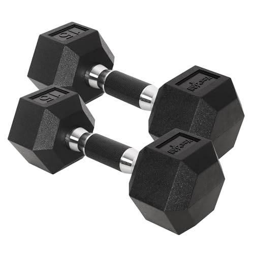 Yes4All Chrome/Rubber Grip Encased Hex Dumbbells – Hand Weights With Anti-Slip 10-30 LBS Pair