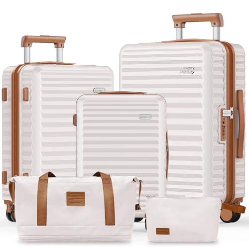 SHOWKOO Luggage Sets 3 Piece Hardside Expandable Suitcase with Double Spinner Wheels Tsa Lock, (Beige White, 5 piece set)