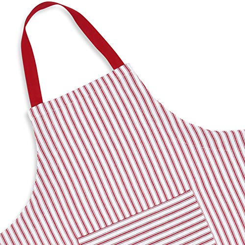 Cackleberry Home Red and White Ticking Stripe Woven Cotton Bib Apron Pocket Adjustable Strap