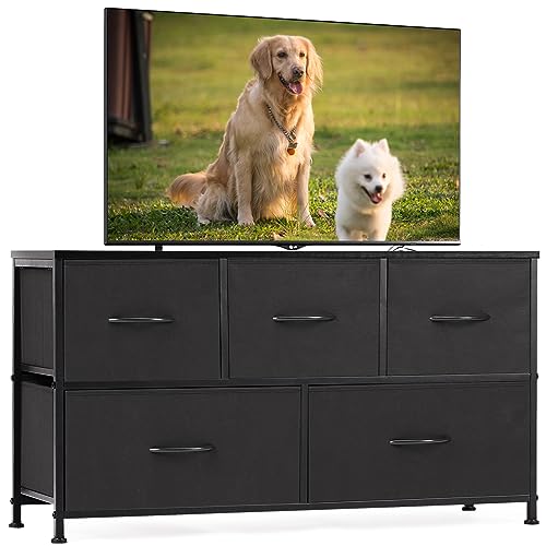 Sweetcrispy Dresser for Bedroom, TV Stand, 5-Drawer Fabric Storage Cabinet, Console Table, Entertainment Center and Closet Organizers for Living Room Furniture, Brown