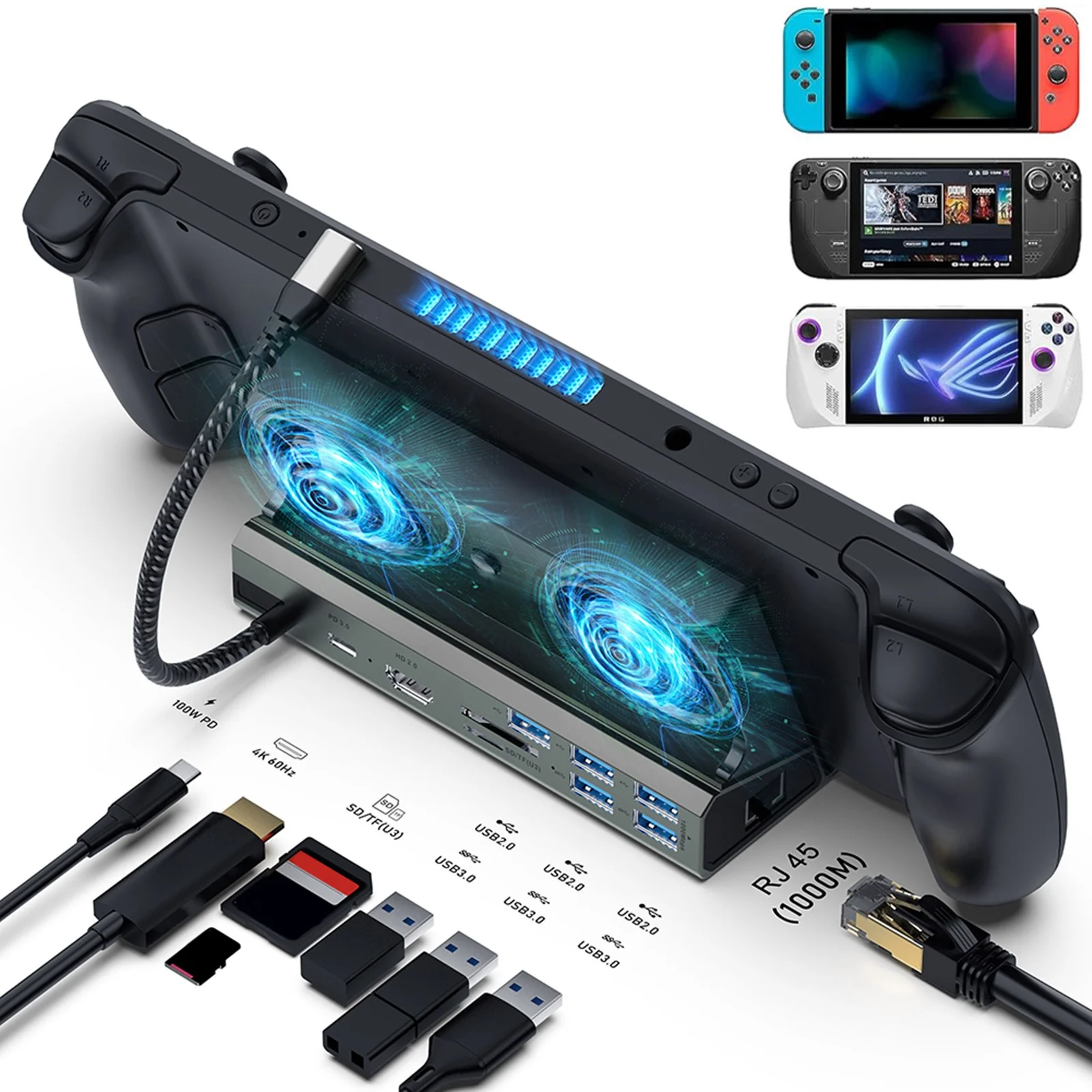 Steam Deck Docking Station with 2 Fans, 4K 60Hz HD Multimedia Interface, USB3.0 2.0, Gigabit RJ45, for ASUS Rog Ally, Switch Dock, with 100W PD Charging Port