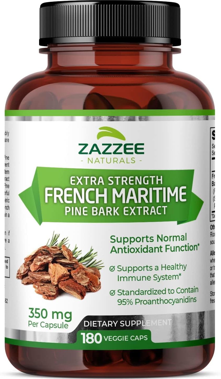 Zazzee Extra Strength French Maritime Pine Bark Extract, 350 mg Per Capsule, 180 Vegan Capsules, 95% Proanthocyanidins, 6 Month Supply, Concentrated and Standardized, All-Natural and Non-GMO