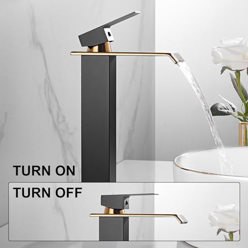 White Gold Faucet Bathroom Vessel Sink Golden Waterfall Spout Faucet Single Handle Bowl Sink Faucet Modern Single Hole Basin Vanity Tall Bathroom Sink Faucet with Pop Up Drain Stopper Supply Hose