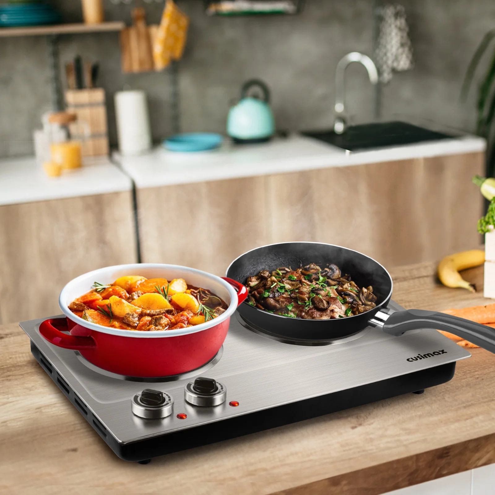 Hot Plate, CUSIMAX 1800W Infrared Double Burner, Ceramic Glass Cooktop, Cooking Electric Heating Plate, Easy to Clean, Stainless Steel, Silver