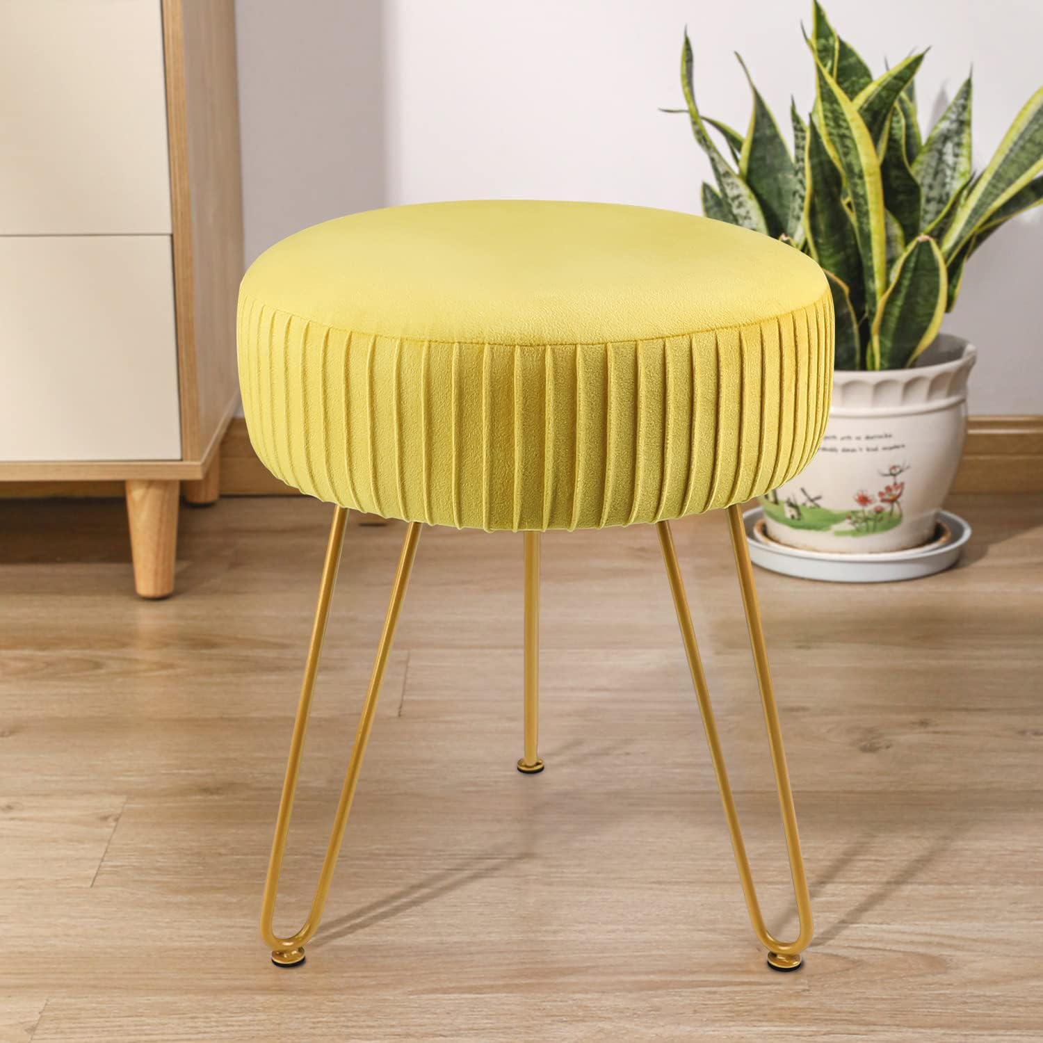 Stripe Velvet Vanity Chair Round Ottoman,Upholstered Vanity Makeup Footstool Side Table Dressing Chair with Golden Metal Legs (Yellow, Round-Normal)