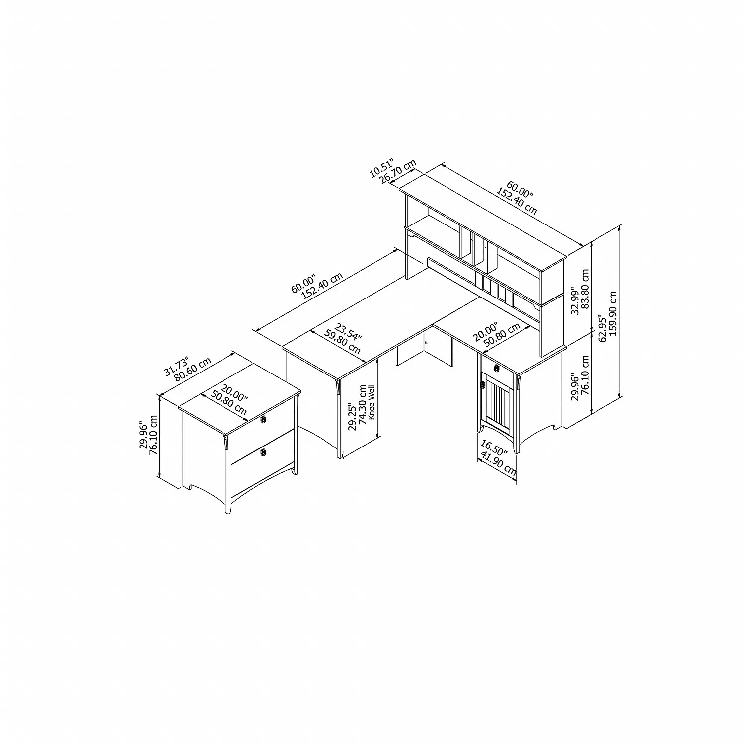 Salinas L Desk with Hutch & File Cabinet in Antique White - Engineered Wood
