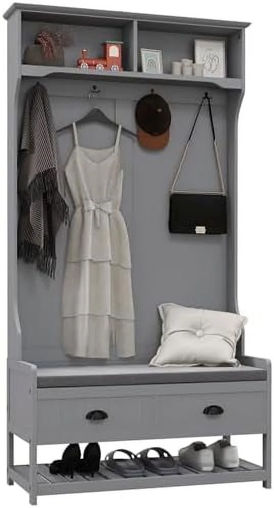 RUNFAYBIU 3-in-1 Hall Tree  Entryway Bench with Coat Rack  Mudroom Bench with Shoe Rack  2  Drawers  4 Hooks and Padded Seat Cushions for Hallway  Gray
