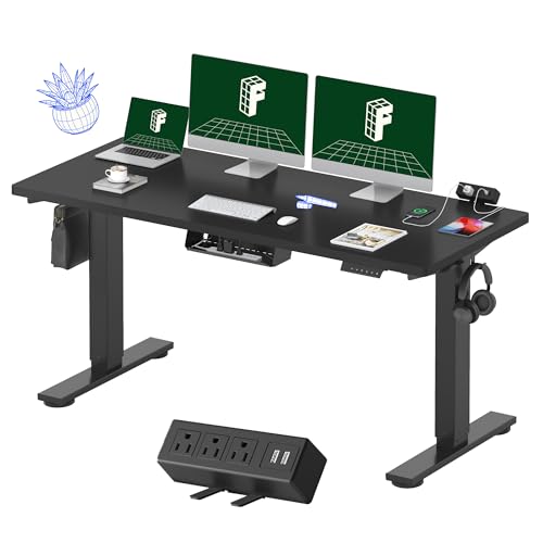 FLEXISPOT EN2 Whole-Piece Standing Desk with Clamp Power Strip, 55 x 28” Electric Stand Up Height Adjustable Desk with Cable Management (Black Frame + 55