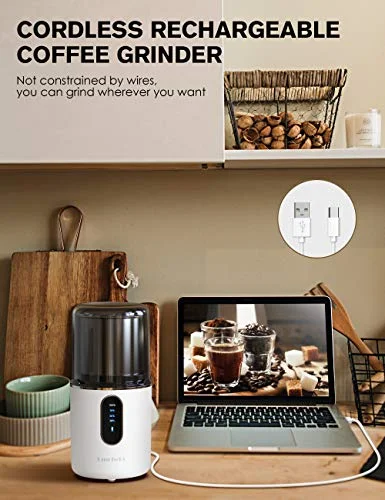 Cordless Coffee Grinder Electric, DmofwHi USB Rechargeable Spice Grinder Electric with 304 Stainless Steel Blade and Removable Bowl, French Grind Coffee Bean Grinder for Spices and Seeds-White