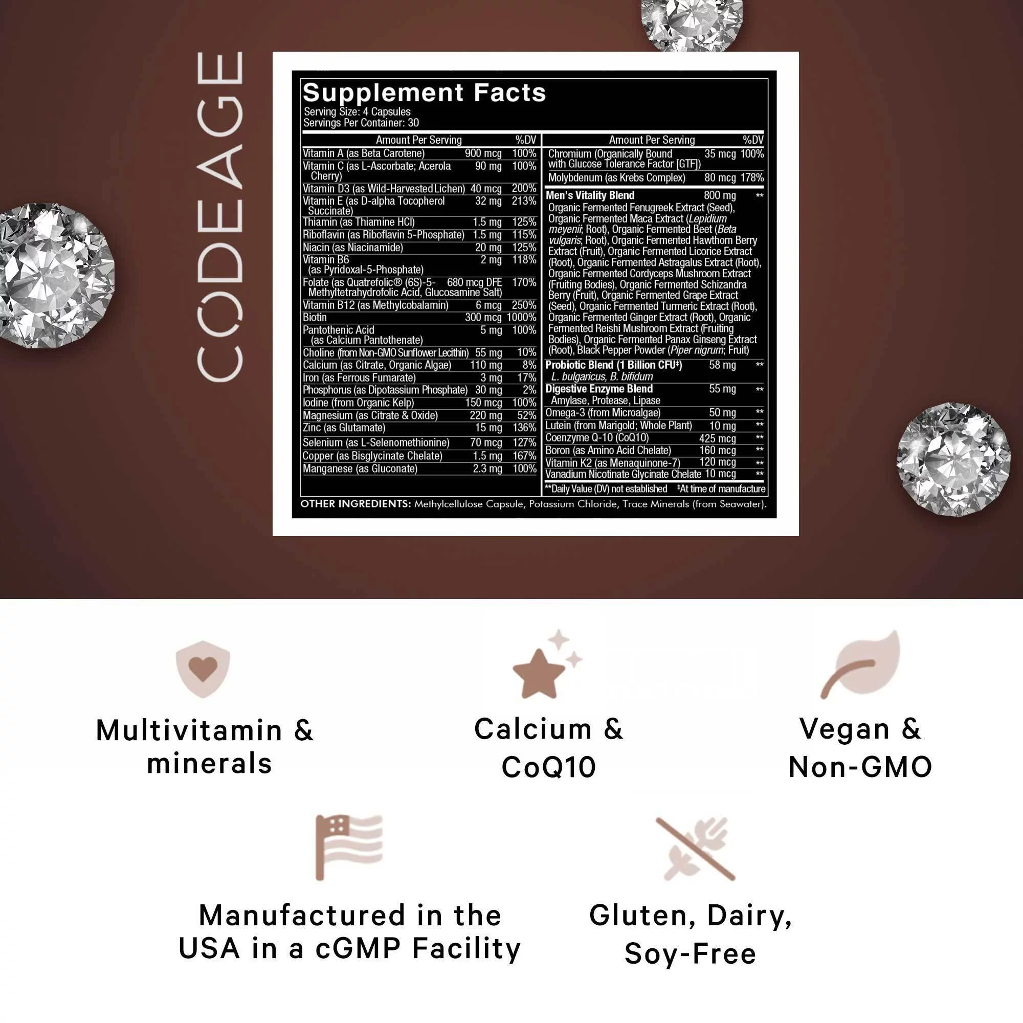 Codeage Men’s Daily Multivitamin Capsules, 25+ Vitamins & Minerals, Whole Food, Fermented, 120 ct