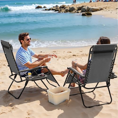 Greesum Zero Gravity Chairs Set of 2 Adjustable Steel Mesh Recliners Beach Deck Lawn Camping Patio Foldable Lounge Chair with Cup Holder Trays and Pillows,Brown