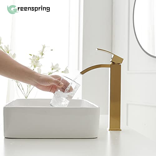 Brushed Nickel Vessel Sink Faucet, Waterfall Bathroom Faucets, Tall Spout Single Handle Single Hole Bathroom Faucets with Pop Up Drain and Without Overflow Basin Faucet Supply Line